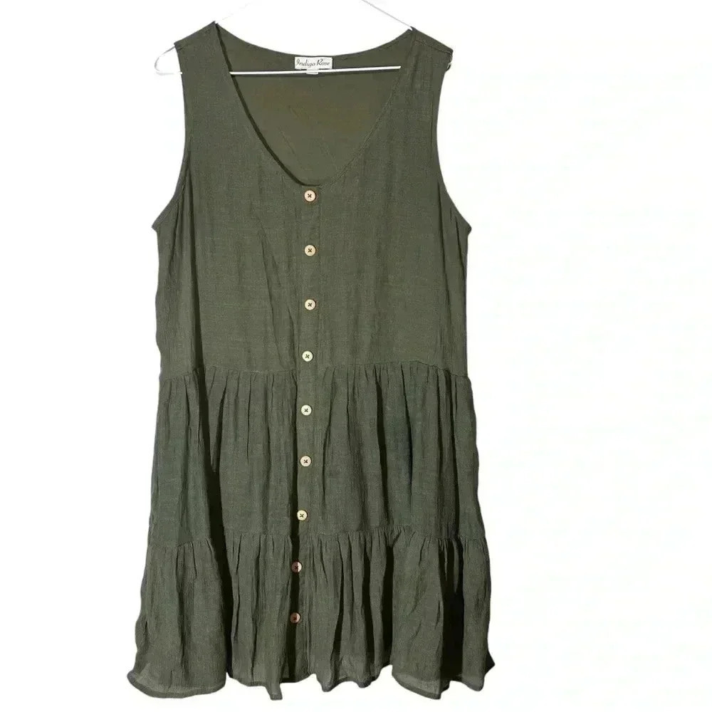 Indigo Rose A Line Sleeveless Front Button Light Summer Dress Green Olive Size L